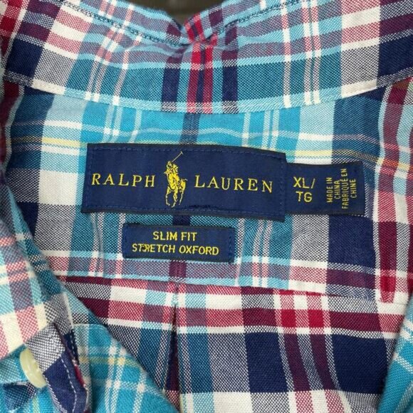 RALPH LAUREN Men's Plaid Slim Fit Button Down Stretch Oxford Shirt Sz XL Blue - Picture 4 of 6
